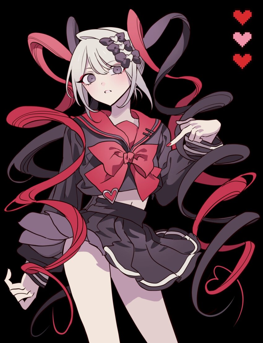 1girl, alternate_color, bare_legs, black_background, black_bow, black_hair, black_skirt, blonde_hair, blush, bow, bowtie, chouzetsusaikawa_tenshi-chan, chouzetsusaikawa_tenshi-chan_(dark_angel), clothes_lift, commentary_request, drill_hair, empty_eyes, grey_eyes, hair_bow, head_tilt, heart, highres, long_hair, long_sleeves, looking_at_viewer, meremero, middle_finger, midriff, nail_polish, needy_girl_overdose, parted_lips, pleated_skirt, pointing, pointing_at_self, red_bow, red_bowtie, red_hair, red_nails, red_sailor_collar, sailor_collar, shirt_lift, simple_background, skirt, skirt_lift, solo, twin_drills, twintails, very_long_hair