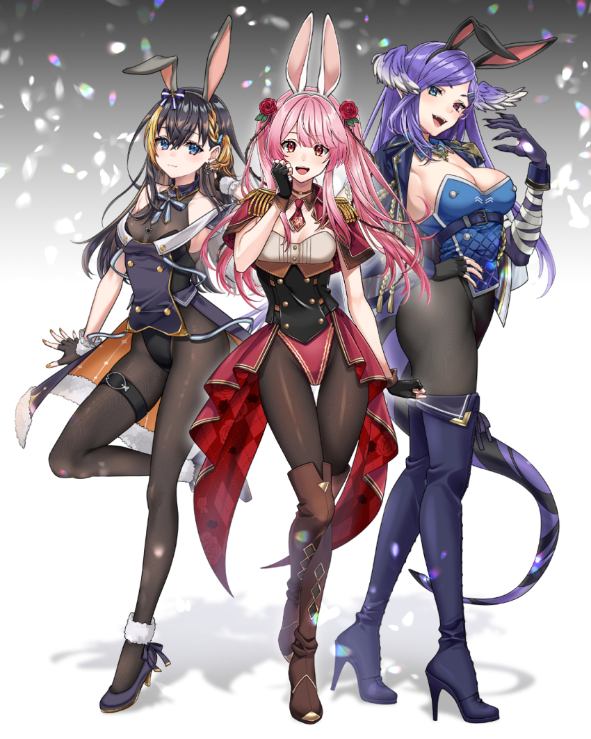 3girls, aburi_rare, adapted_costume, bare_shoulders, black_leggings, boots, breasts, dragon_tail, fingerless_gloves, flower, gloves, hair_flower, hair_ornament, hair_ribbon, hand_on_own_hip, hand_up, head_wings, highres, knee_boots, large_breasts, leggings, long_hair, medium_breasts, multiple_girls, nijisanji, nijisanji_en, obsydia, petra_gurin, petra_gurin_(2nd_costume), pink_hair, playboy_bunny, purple_hair, ribbon, rosemi_lovelock, rosemi_lovelock_(military), selen_tatsuki, selen_tatsuki_(military), small_breasts, standing, standing_on_one_leg, tail, thigh_boots, thigh_strap, twintails, virtual_youtuber, wings