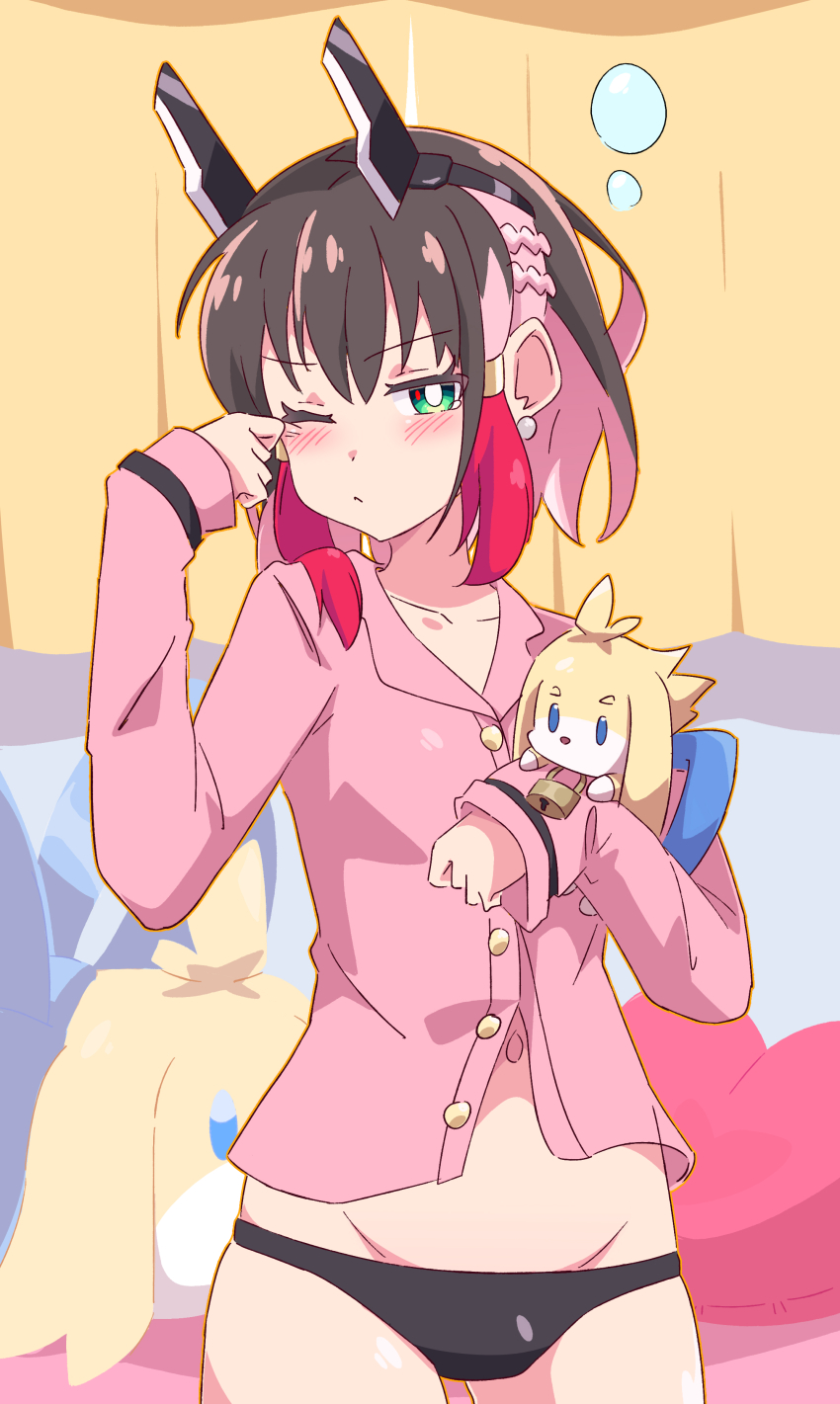 absurdres, azure_striker_gunvolt, azure_striker_gunvolt_3, black_panties, brown_hair, buzzlyears, dog, green_eyes