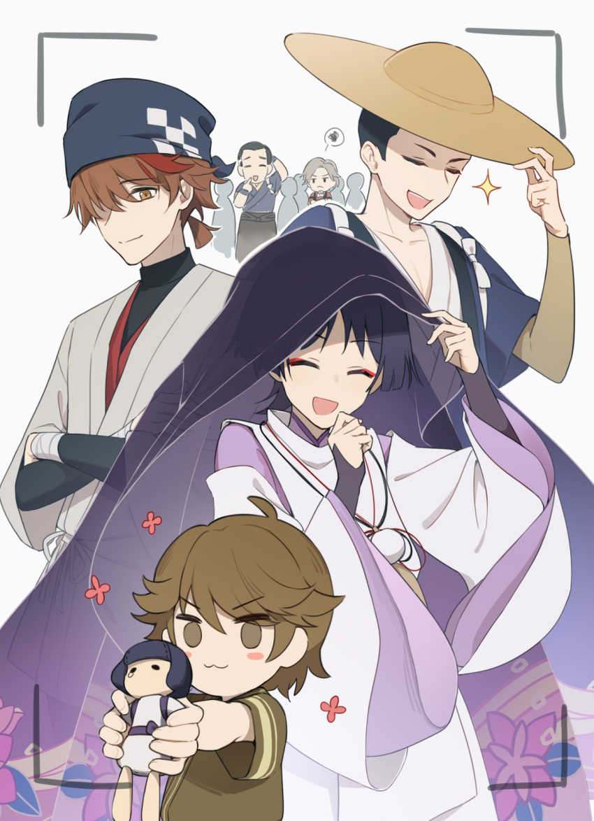 6+boys, :3, :d, ^_^, adjusting_clothes, adjusting_headwear, arm_up, armor, bandaged_arm, bandages, bandana, beard, black_hair, blue_bandana, blue_hair, blunt_ends, blush, blush_stickers, bow, brown_eyes, brown_hair, brown_headwear, character_doll, character_request, child, closed_eyes, closed_mouth, commentary_request, crossed_arms, detached_sleeves, doll, escher_(genshin_impact), eyeshadow, facial_hair, genshin_impact, green_eyes, green_shirt, grey_hair, hair_between_eyes, hair_over_one_eye, hand_up, hands_up, happy, hat, hei_lang, highres, holding, holding_doll, japanese_armor, japanese_clothes, katsuragi_(genshin_impact), kimono, kote, kurokote, layered_sleeves, long_sleeves, looking_at_viewer, low_ponytail, makeup, male_focus, multicolored_hair, multiple_boys, niwa_(genshin_impact), one_eye_covered, open_mouth, outstretched_arms, parted_bangs, pom_pom_(clothes), ponytail, purple_kimono, purple_veil, raised_eyebrows, red_eyeshadow, red_hair, scaramouche's_sickly_friend_(genshin_impact), scaramouche_(genshin_impact), scaramouche_(kabukimono)_(genshin_impact), shirt, short_hair, short_ponytail, short_sleeves, sidelocks, simple_background, smile, sparkle, speech_bubble, spoken_squiggle, squiggle, streaked_hair, v-shaped_eyebrows, veil, vest, white_background, white_bow, white_kimono, white_vest, wide_sleeves