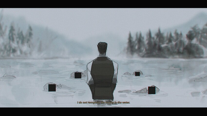 1boy, absurdres, ambiguous_gender, black_hair, black_vest, censored, corpse, english_text, gauntlets, highres, lake, limbus_company, meursault_(project_moon), project_moon, scp_foundation, shirt, tree, vest, water, white_shirt, yasuihiruya