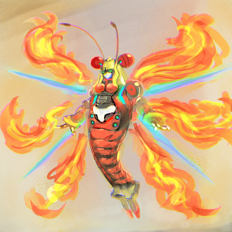 1girl, android, antennae, armor, arthropod_girl, blonde_hair, blue_fire, breastplate