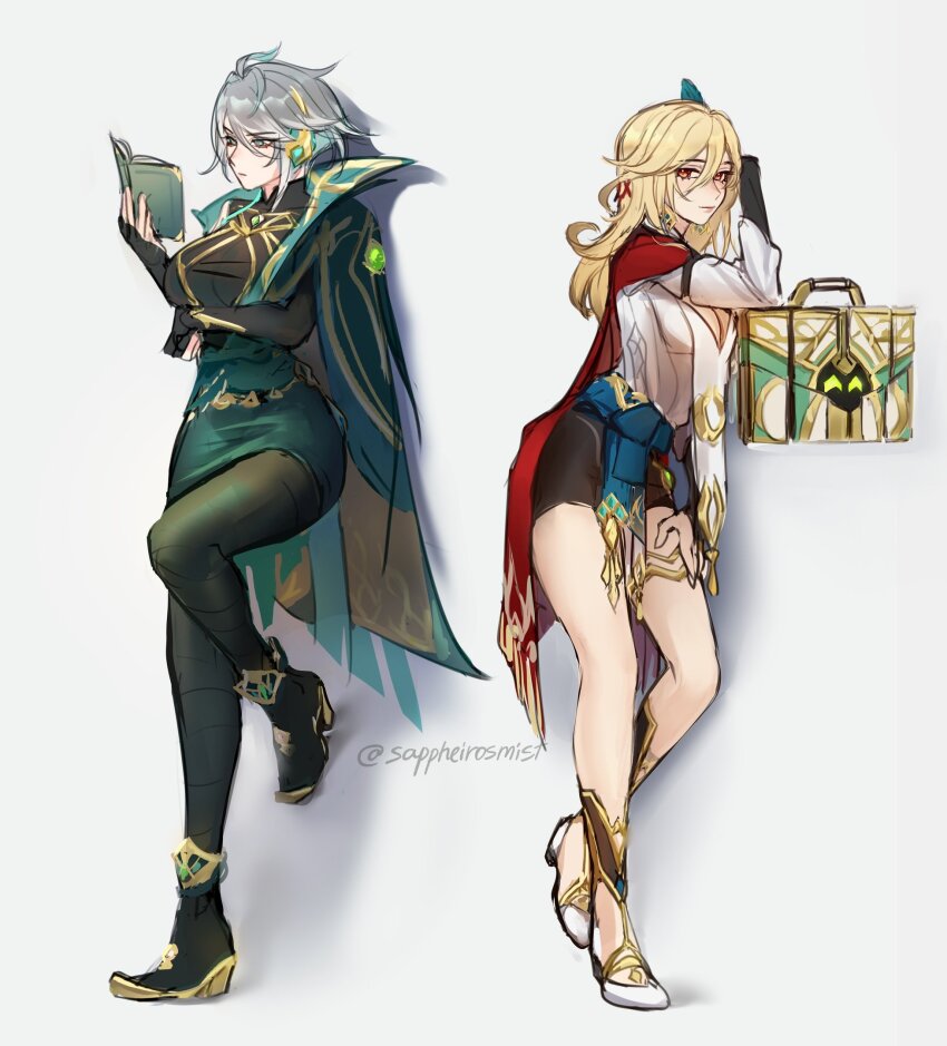 2girls, akademiya_uniform, alhaitham_(genshin_impact), artist_name, bag, blonde_hair, book, breasts