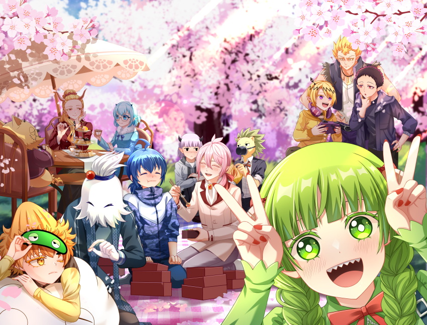 3girls, 6+boys, :d, absurdres, agares_picero, ahoge, alocer_schneider, andro_m._jazz, asmodeus_alice, bird_boy, blonde_hair, blue_eyes, blue_hair, blush, braid, brown_hair, caim_camui, chair, cherry_blossoms, chopsticks, closed_eyes, commentary_request, crocell_keroli, demon_girl, demon_horns, double_v, eye_mask, food, garp_goemon, green_eyes, green_hair, guang_wu_ying, highres, horns, jewelry, light_blue_hair, lion_boy, long_hair, mairimashita!_iruma-kun, mask, mouth_mask, multiple_boys, multiple_girls, muscular, nail_polish, open_mouth, pink_hair, pointy_ears, purson_soy, red_eyes, red_nails, ring, sabnock_sabro, sharp_teeth, shax_lied, sitting, smile, suzuki_iruma, table, teeth, tree, twin_braids, v, valac_clara, white_hair, x_elizabetta, yellow_eyes