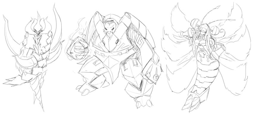 1boy, 2girls, android, antennae, arthropod_girl, commentary_request, double_bun, drill