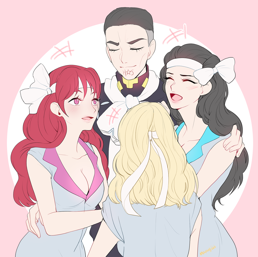 1boy, 3girls, 66_gousen, akemi_(jojo), black_hair, blonde_hair, blush, breasts