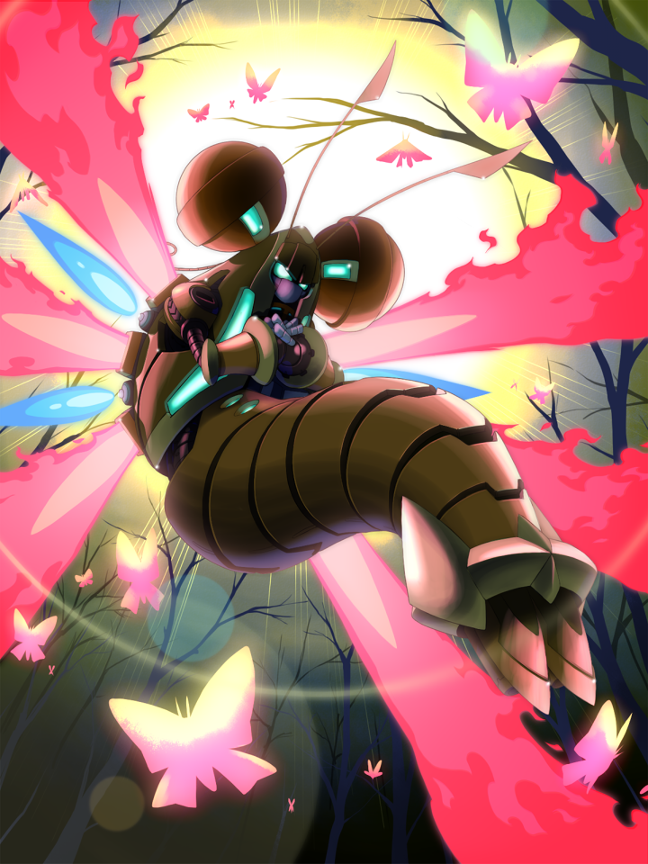 1girl, android, antennae, aqua_eyes, arthropod_girl, bare_tree, blue_fire, bug