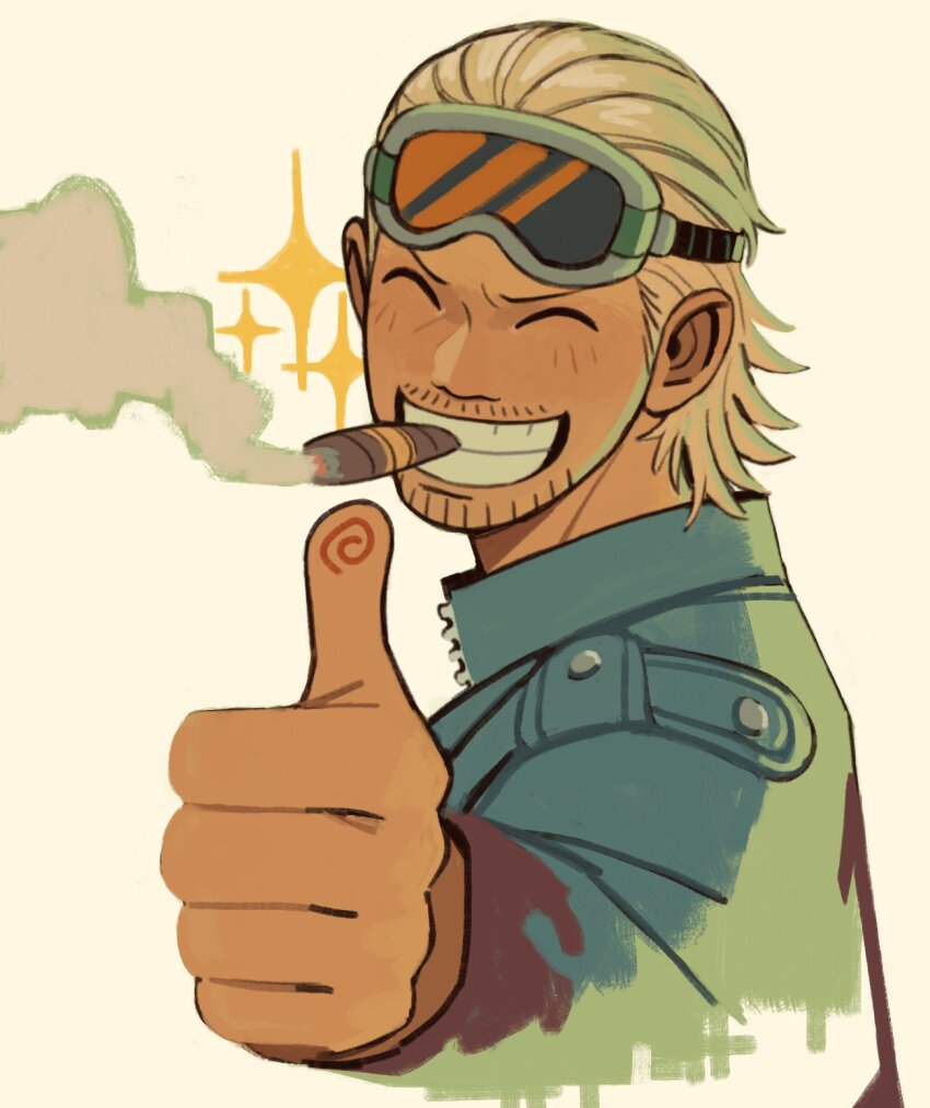 1boy, @_(symbol), blonde_hair, cigar, closed_eyes, facial_hair, from_side, goggles, goggles_on_head, hair_slicked_back, highres, jacket, jakkenpoy, male_focus, mature_male, one_piece, paulie_(one_piece), short_hair, simple_background, smile, smoke, smoking, solo, sparkle, thumbs_up, upper_body, white_background, white_jacket