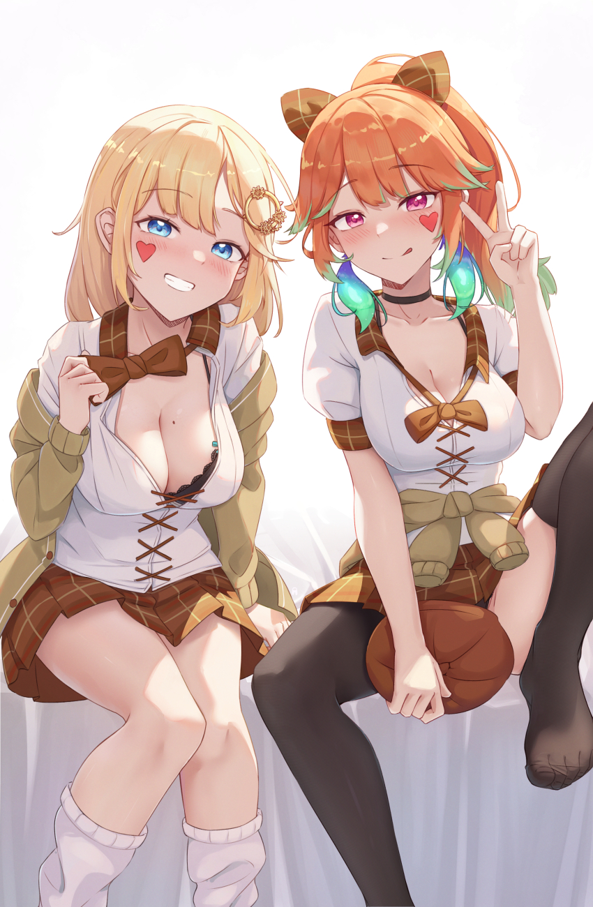 2girls, absurdres, blonde_hair, blue_eyes, blush, breasts, cleavage, clothes_around_waist