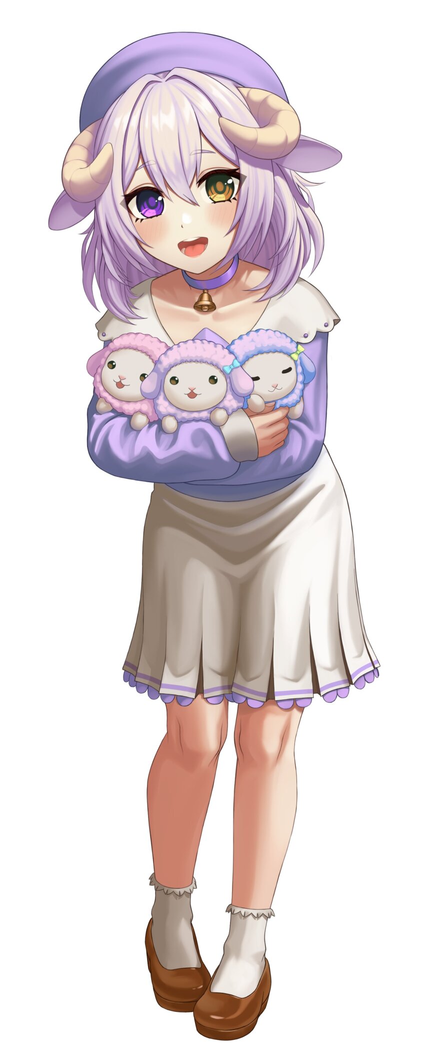 1girl, absurdres, bell, beret, blouse, brown_footwear, carrying, choker, collarbone, collared_shirt, commentary, commission, contrapposto, floppy_ears, full_body, hair_between_eyes, hat, heterochromia, highres, horns, indie_virtual_youtuber, kana_imeru, leaning_forward, light_blush, light_purple_hair, looking_at_viewer, medium_hair, neck_bell, open_mouth, pendant_choker, pleated_skirt, purple_choker, purple_eyes, purple_hat, purple_shirt, sheep, sheep_girl, sheep_horns, shirt, simple_background, skirt, smile, socks, standing, virtual_youtuber, white_background, white_skirt, white_socks, yellow_eyes, yof_(sc_gazer)