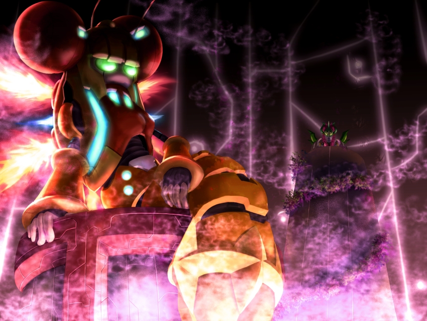 2girls, absurdres, android, antennae, armor, arthropod_girl, blue_fire, breastplate