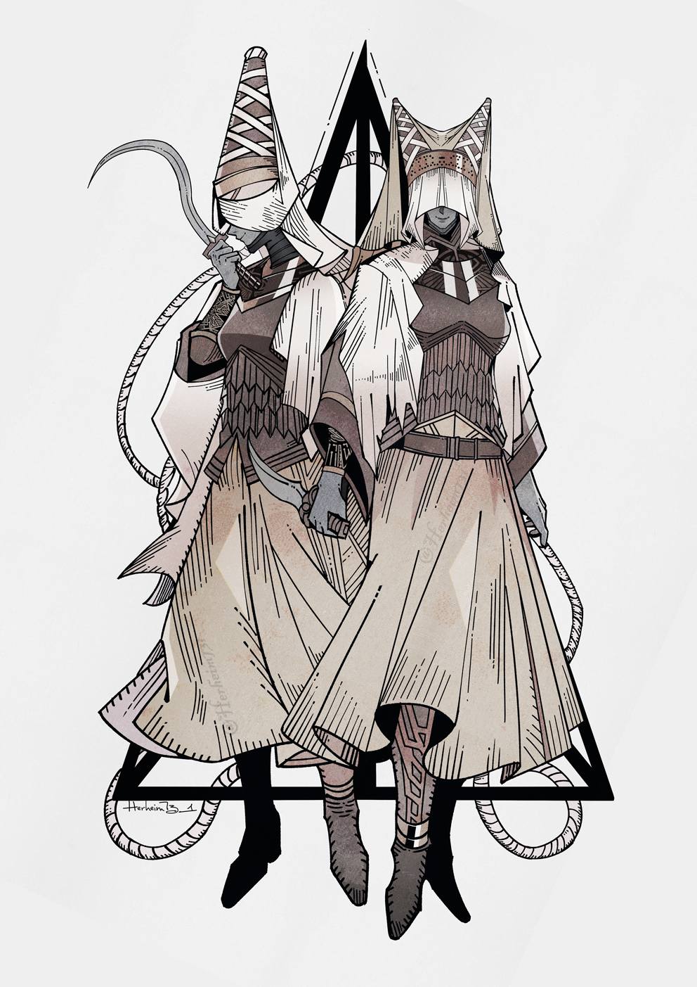 2girls, armor, armored_dress, boots, colored_skin, covered_eyes, dress, elden_ring