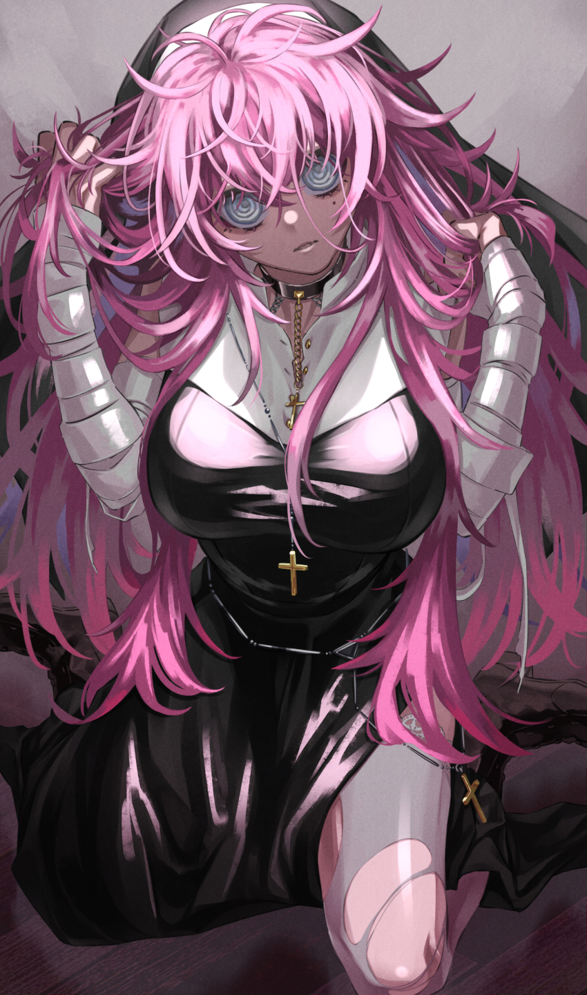 1girl, @_@, bandaged_arm, bandages, black_dress, breasts, chain, collar, commission, cross, cross_necklace, dress, furue_(kkrfurue), grey_eyes, habit, hand_in_own_hair, hands_up, head_tilt, highres, jewelry, large_breasts, long_hair, messy_hair, mole, mole_under_eye, necklace, nun_headdress, original, pink-haired_nun_(404notfound), pink_hair, sitting, skeb_commission, solo, thighhighs, torn_clothes, torn_thighhighs, wariza