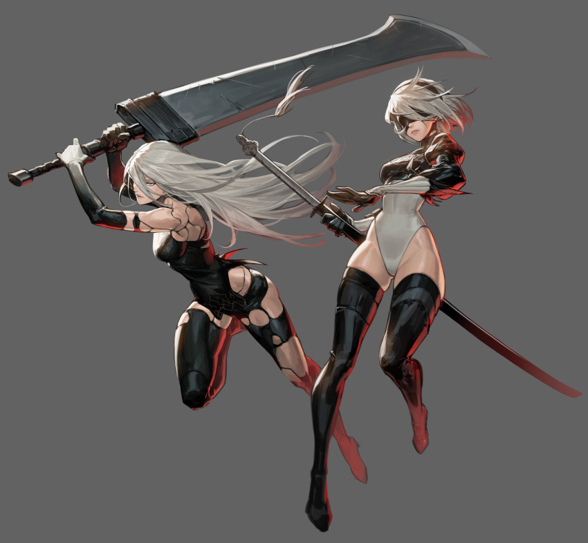 2b_(nier:automata), 2girls, a2_(nier:automata), absurdres, armlet, beastlord_(sword), black_gloves, black_hairband, black_shorts, blindfold, boots, cleavage_cutout, clothing_cutout, commentary, covered_eyes, elbow_gloves, feather-trimmed_sleeves, gloves, hairband, haje, heattech_leotard, highleg, highleg_leotard, highres, holding, holding_sword, holding_weapon, jewelry, joints, juliet_sleeves, leotard, long_hair, long_sleeves, multiple_girls, nier:automata, nier_(series), pink_lips, puffy_sleeves, robot_joints, science_fiction, short_hair, short_shorts, shorts, sleeved_leotard, swinging, sword, tank_top, thigh_boots, thighhighs, thighhighs_under_boots, turtleneck, vambraces, virtuous_contract, weapon, white_hair, white_leotard