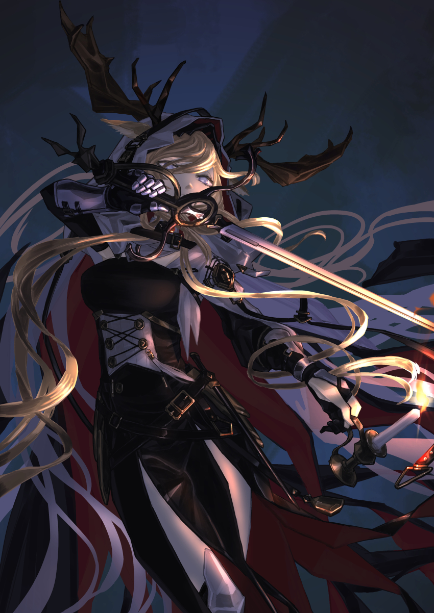 absurdres, animal_ears, antlers, horns_through_headwear, arknights, blonde_hair, blue_background, blue_eyes