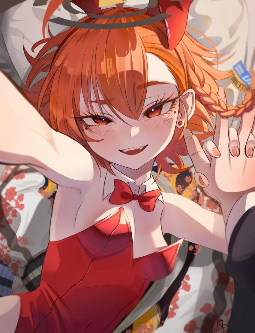 1girl, animal_ears, blue_archive, blush, braid, breasts, commentary_request, fake_animal_ears, gangbyeon, hair_between_eyes, halo, head_tilt, highres, holding_hands, interlocked_fingers, jacket, unworn_jacket, korean_commentary, leotard, lying, mole, mole_under_eye, narrowed_eyes, neru_(blue_archive), neru_(bunny)_(blue_archive), official_alternate_costume, on_back, open_mouth, playboy_bunny, pov, pov_hands, rabbit_ears, red_eyes, red_hair, red_leotard, short_hair, small_breasts, smile, solo_focus, sukajan, tsurime