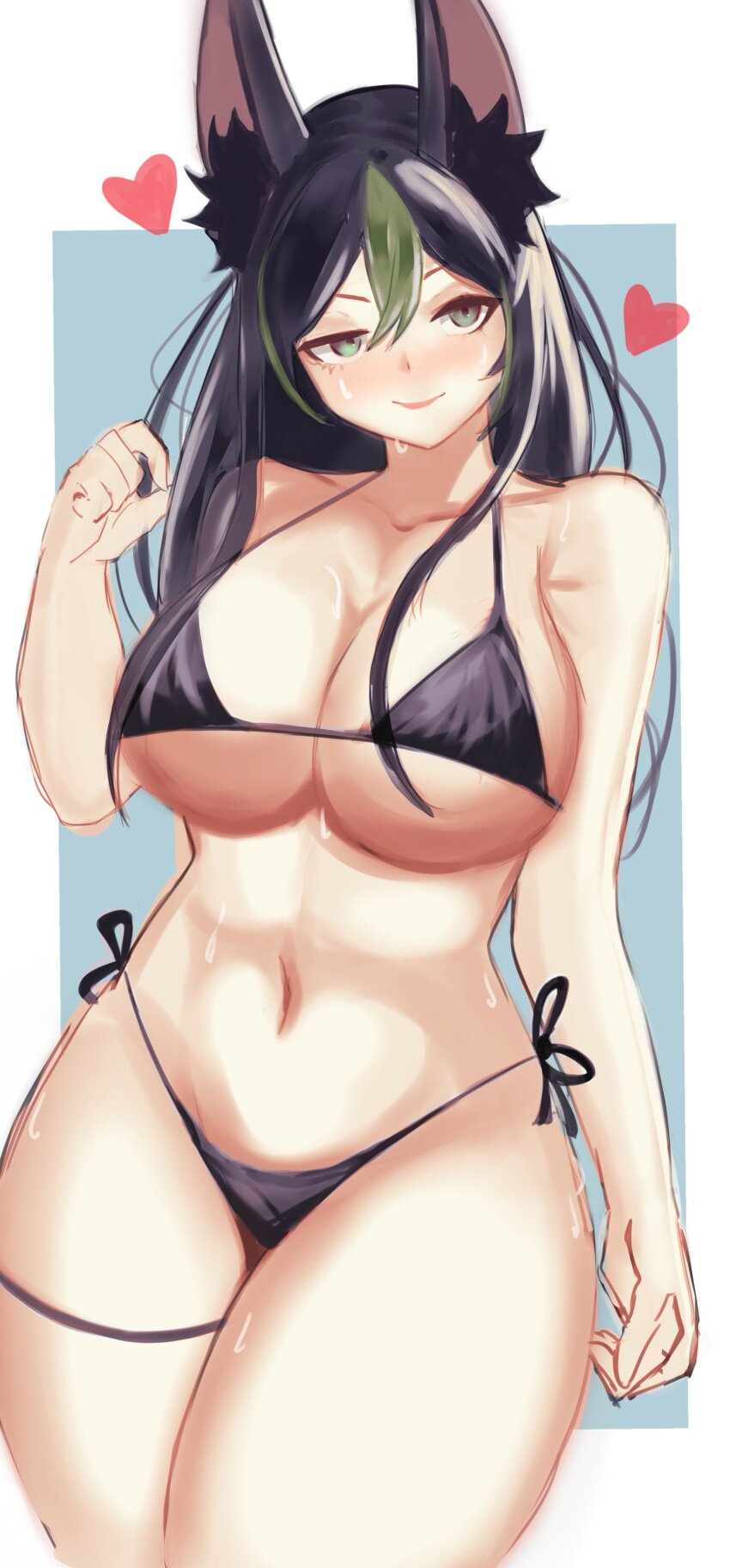 1girl, absurdres, animal_ear_fluff, animal_ears, bikini, black_bikini, black_hair, breasts, fox_ears, genderswap, genderswap_(mtf), genshin_impact, green_eyes, green_hair, heart, highres, large_breasts, long_hair, multicolored_hair, navel, nyapii, swimsuit, tighnari_(genshin_impact), wet