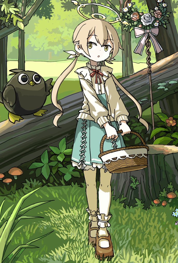 1girl, arknights, basket, bird, blonde_hair, blue_archive, brown_footwear, cosplay