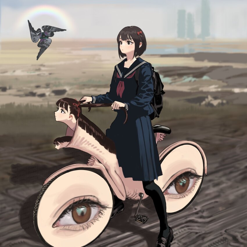 3girls, absurdres, backpack, bag, biblically_accurate_angel, bicycle, bird, black_pantyhose