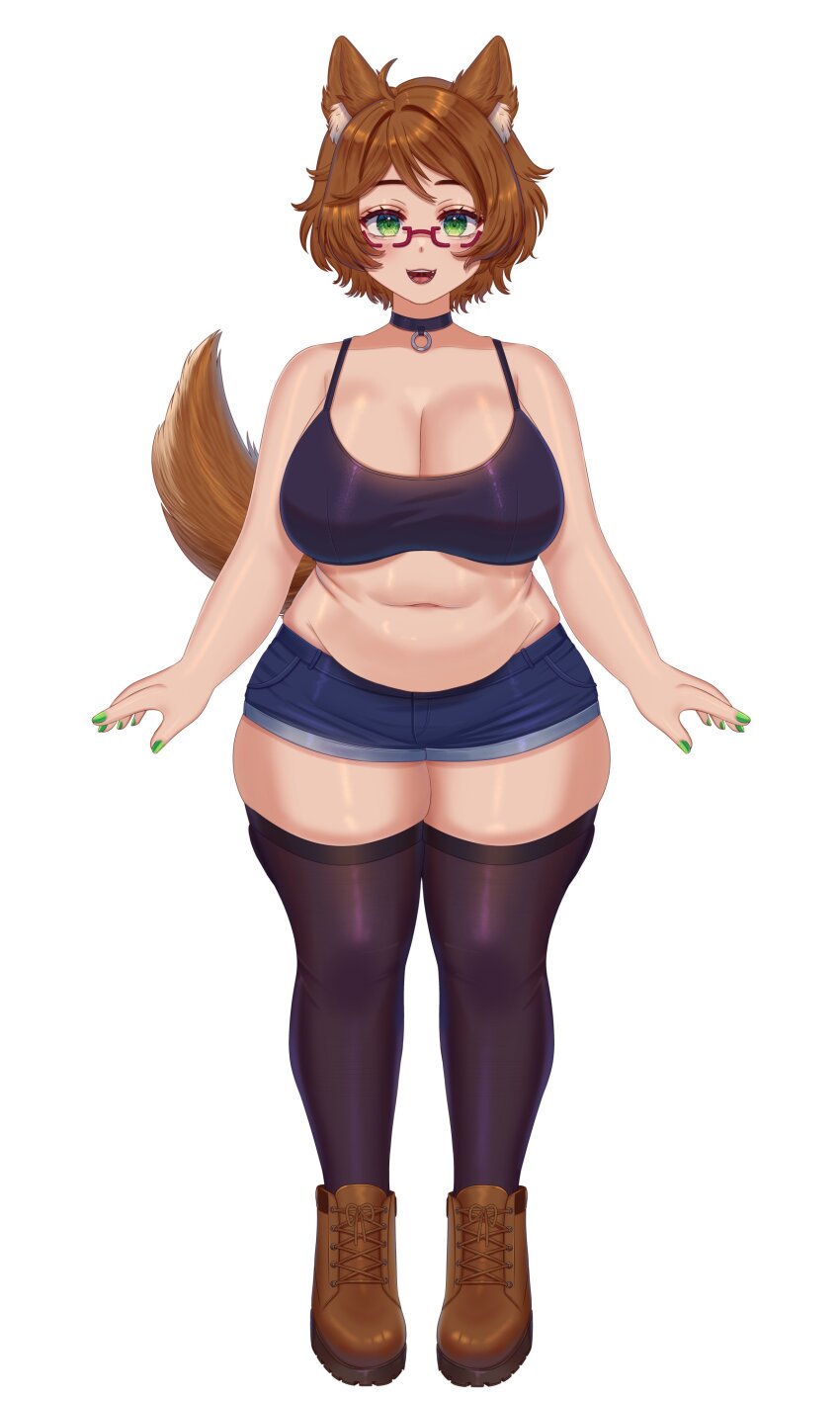 1girl, absurdres, ahoge, animal_ear_fluff, animal_ears, arms_at_sides, blush, boots, breasts, brown_hair, brown_tail, choker, cleavage, dog_girl, full_body, glasses, green_eyes, green_nails, highres, indie_virtual_youtuber, large_breasts, looking_at_viewer, medium_hair, mint_castella, mint_castella_(1st_costume), navel, open_hands, open_mouth, plump, red-framed_eyewear, second-party_source, semi-rimless_eyewear, short_shorts, shorts, simple_background, smile, solo, standing, straight-on, su_niii, tail, tareme, thick_thighs, thighhighs, thighs, virtual_youtuber, white_background