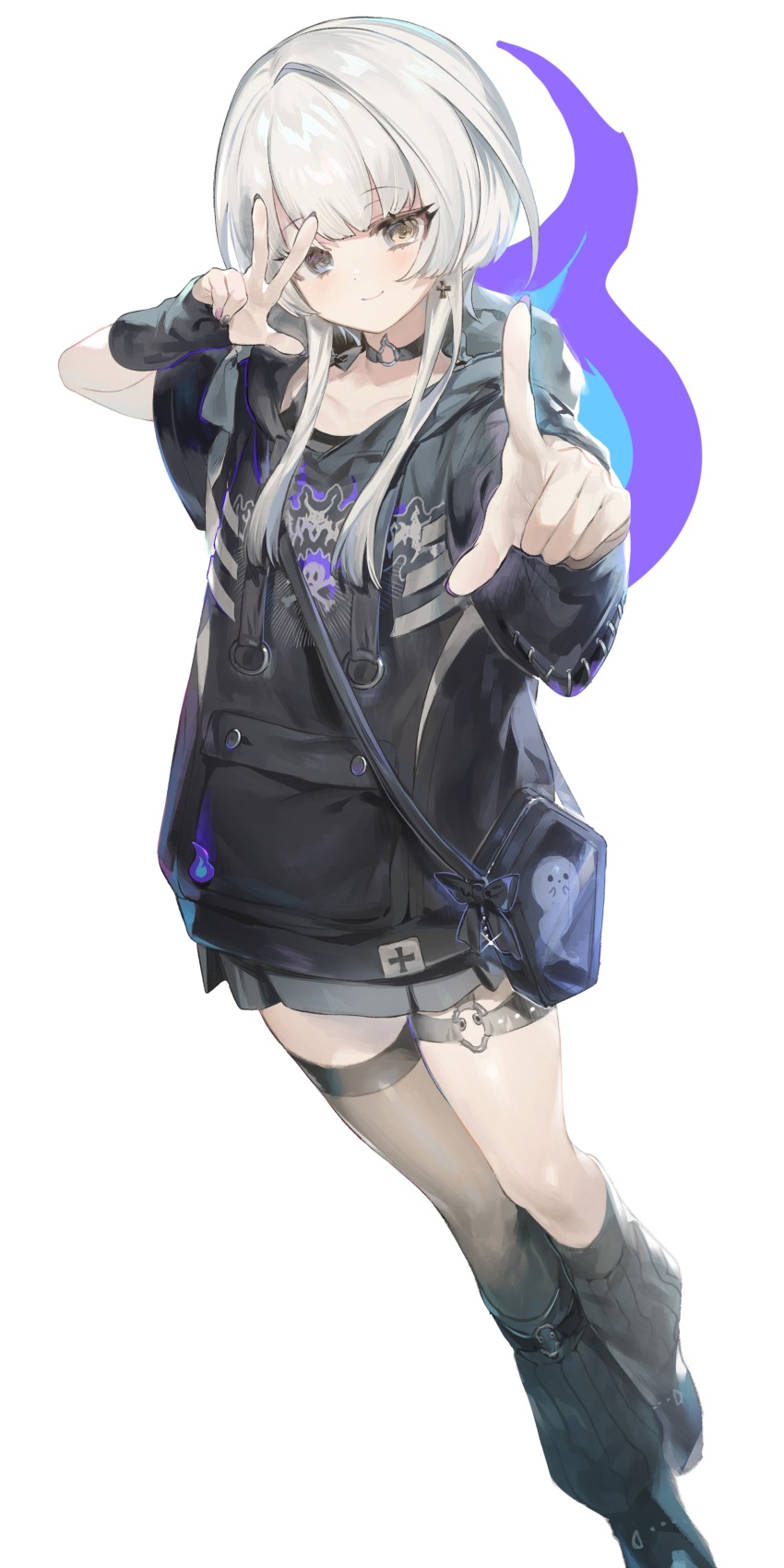 1girl, absurdres, asymmetrical_legwear, choker, full_body, grey_hair, highres, hood, hoodie, index_finger_raised, kasukano_uturo, lunch_(lunchicken), neo-porte, o-ring, o-ring_choker, solo, thigh_strap, thighhighs, uneven_legwear, virtual_youtuber