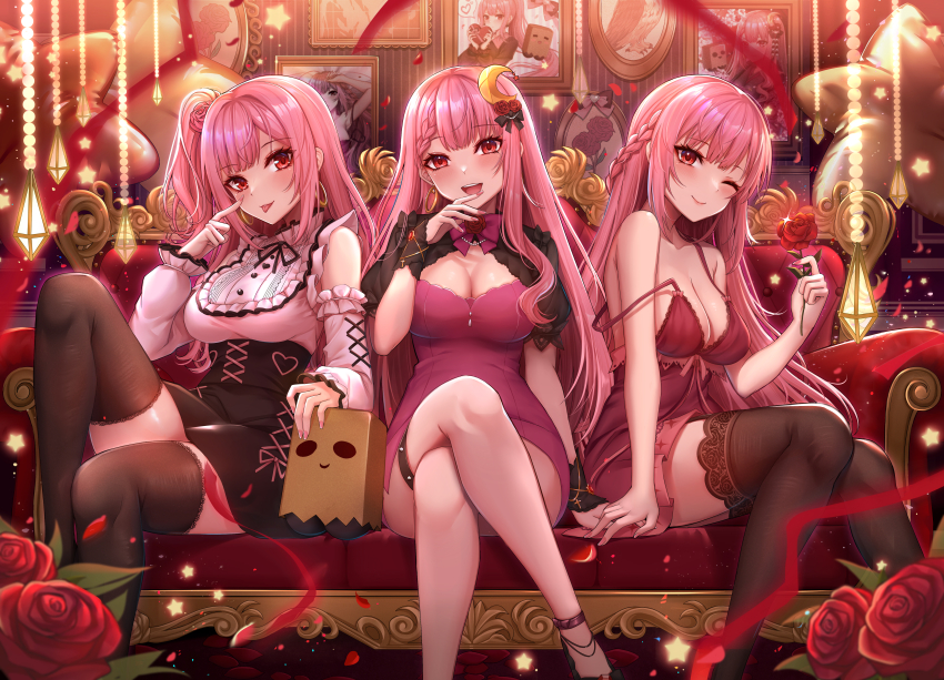 3girls, :p, absurdres, bare_shoulders, blush, breasts, character_request, check_character, cleavage, closed_mouth, commentary_request, crossed_legs, dress, flower, gu_li, highres, holding, holding_flower, hoshime_(vtuber), indie_virtual_youtuber, large_breasts, long_hair, looking_at_viewer, multiple_girls, off_shoulder, one_eye_closed, open_mouth, pink_dress, pink_hair, red_eyes, rose, sitting, smile, thighs, tongue, tongue_out, virtual_youtuber