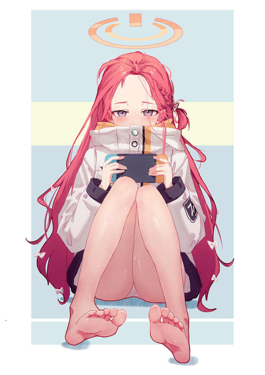 1girl, absurdres, ass, barefoot, blue_archive, blush, bow, chinese_commentary, commentary_request, covered_mouth, feet, forehead, full_body, grey_eyes, hair_bow, halo, handheld_game_console, high_collar, highres, holding, holding_handheld_game_console, jacket, knees_together_feet_apart, long_hair, long_sleeves, looking_at_viewer, nian962464, nintendo_switch, no_pants, panties, parted_bangs, red_hair, revision, sitting, soles, solo, sweat, thighs, toes, underwear, very_long_hair, white_bow, white_jacket, white_panties, yuzu_(blue_archive)