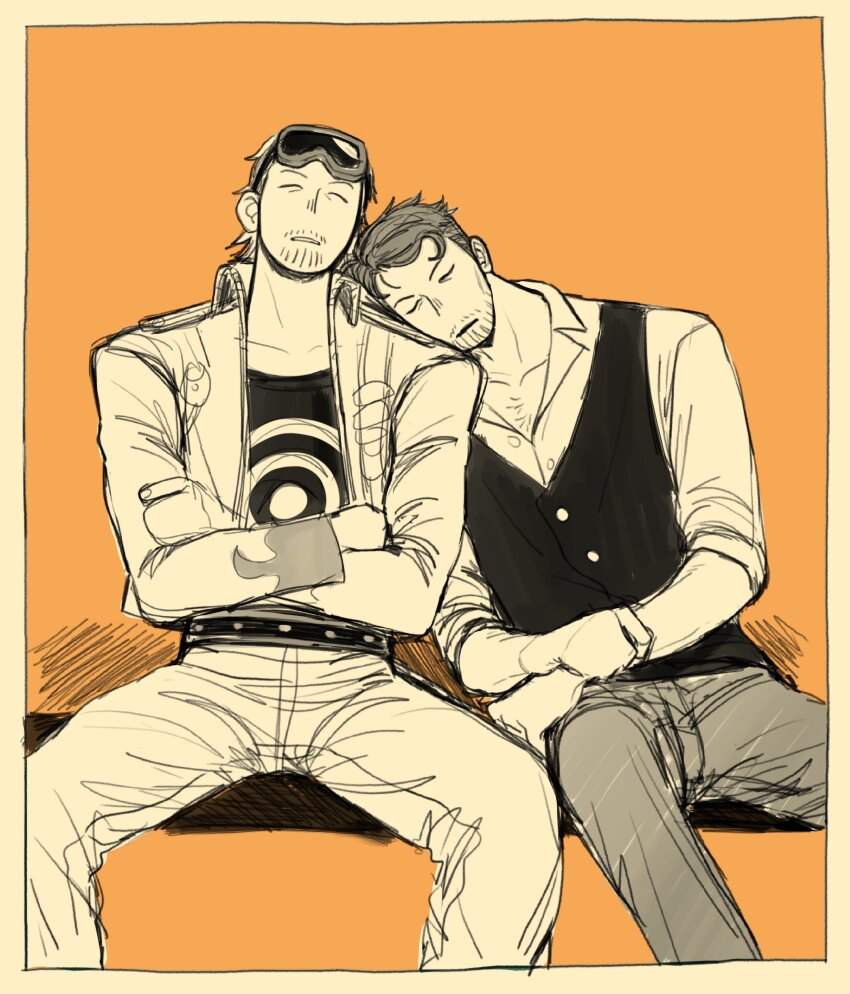 2boys, absurdres, black_shirt, closed_eyes, collared_shirt, crossed_arms, facial_hair, framed