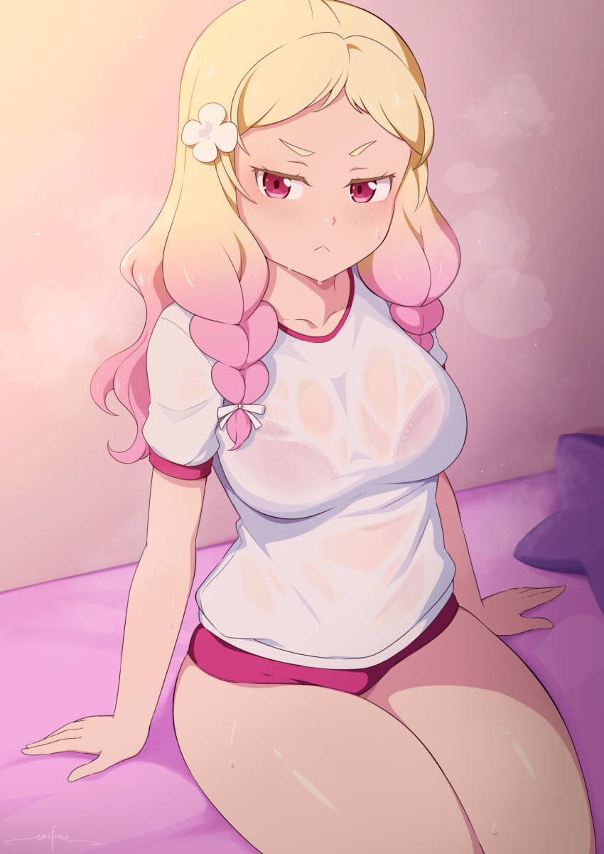 1girl, :<, arms_at_sides, artist_name, bed, blonde_hair, blush, bra