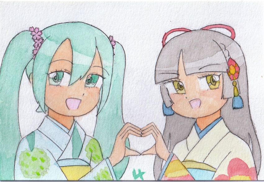 2girls, black_hair, green_hair, hatsune_miku, heart, heart_hands, highres, kyoto-tan