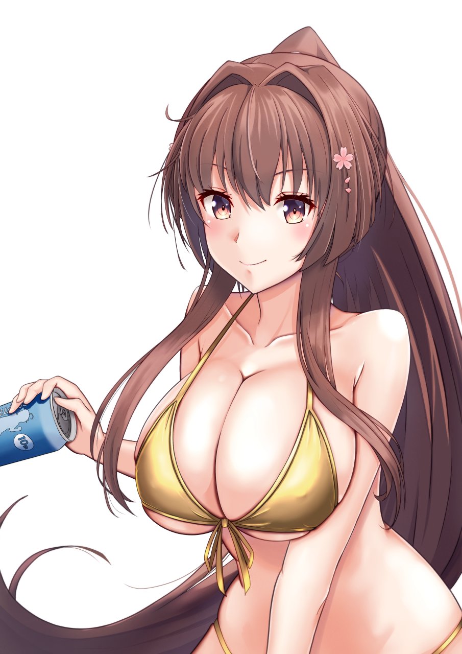 1girl, alternate_costume, bikini, breasts, brown_eyes, cleavage, commentary_request, front-tie_bikini_top