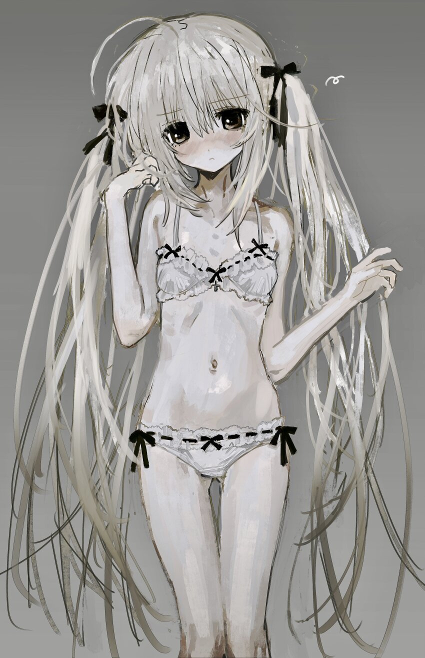 1girl, absurdres, ahoge, black_ribbon, blush, bra, breasts, brown_eyes, embarrassed, frilled_bra, frilled_panties, frills, grey_background, grey_hair, hair_ribbon, hand_in_own_hair, hands_up, head_tilt, highres, kasugano_sora, long_hair, looking_at_viewer, nose_blush, pale_skin, panties, ribbon, ribs, simple_background, skinny, small_breasts, solo, thigh_gap, torichikushou, twintails, underwear, underwear_only, very_long_hair, white_bra, white_panties, yosuga_no_sora