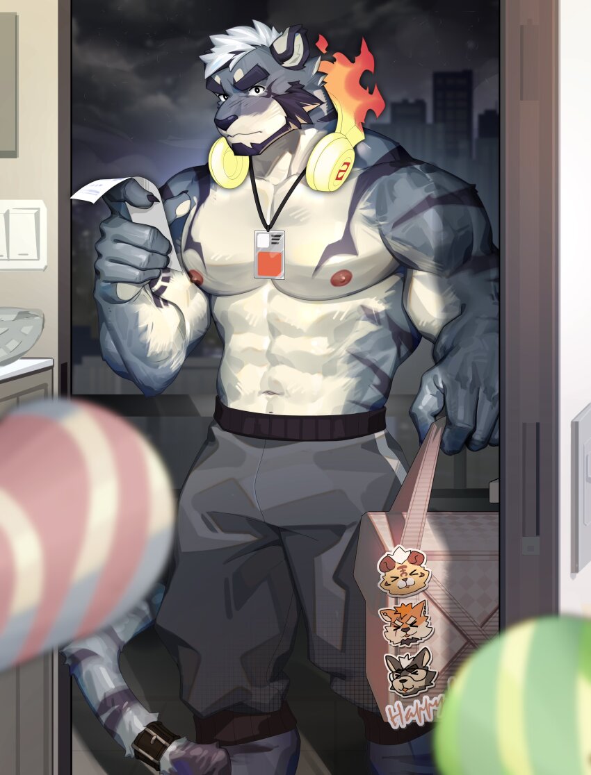 >_<, 1boy, abs, absurdres, animal_ears, bag, bara, bare_shoulders