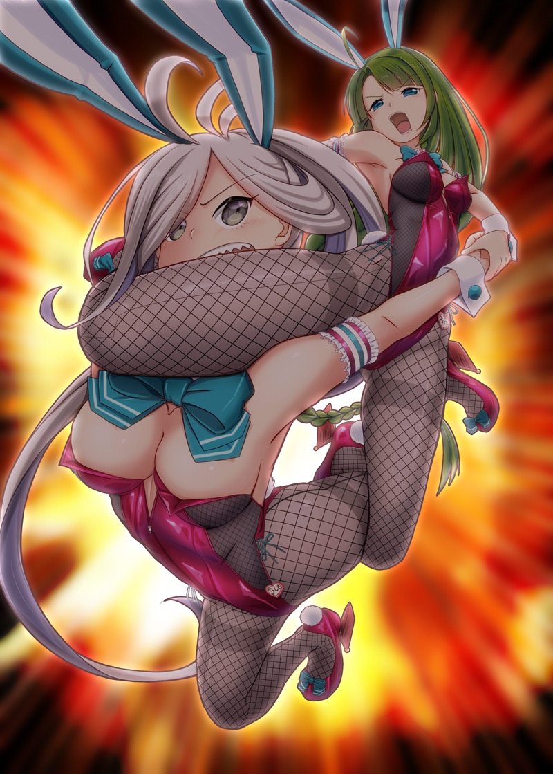 2girls, adapted_costume, ahoge, animal_ears, aqua_bow, aqua_bowtie, asashimo_(kancolle), asashimo_kai_ni_(kancolle)