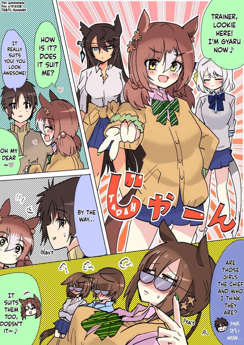 1boy, 6+girls, alternate_costume, animal_ears, black_hair, blue_eyes, blue_skirt, bow