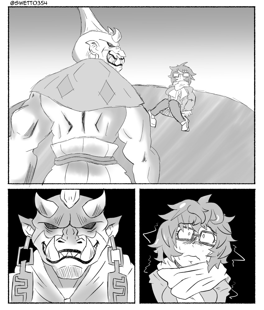 1boy, 1girl, atsuta_miyazu, demon, glasses, greyscale, highres, megami_tensei