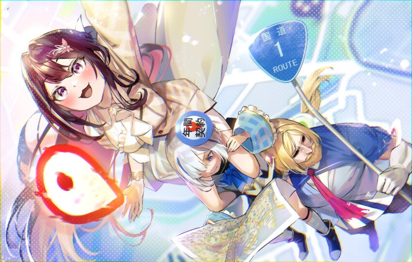 3girls, aki_rosenthal, aki_rosenthal_(1st_costume), amane_kanata, amane_kanata_(1st_costume), arm_up, asymmetrical_bangs, azki_(4th_costume)_(hololive)