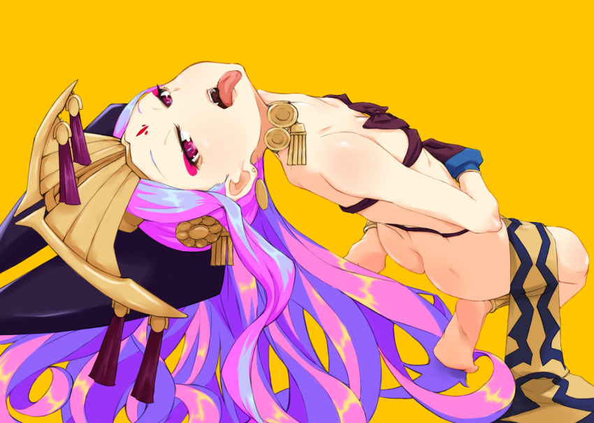 1girl, alakoala, anklet, arched_back, ass, barefoot, ear_piercing, eyeshadow, fate/grand_order, fate_(series), female_focus, flat_chest, full_body, gloves, jewelry, loli, looking_at_viewer, looking_back, makeup, multicolored_hair, open_mouth, piercing, pink_eyes, pink_hair, revealing_clothes, ribbon, simple_background, solo, tassel, hat_tassel, teeth, tongue, tongue_out, two-tone_hair, wu_zetian_(fate), yellow_background