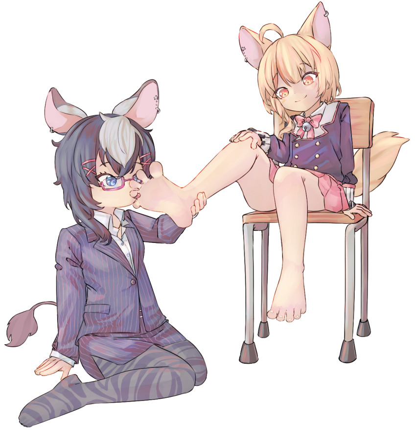 2girls, ahoge, animal_ears, bare_legs, barefoot, black_hair, blonde_hair, blue_eyes, chair, chaosexceed, feet, fennery_(show_by_rock!!), foot_worship, glasses, highres, licking, licking_foot, multicolored_hair, multiple_girls, show_by_rock!!, simple_background, sitting, skirt, smile, soles, spread_toes, tail, toenails, toes, white_background, yuri, zebrina_(show_by_rock!!)