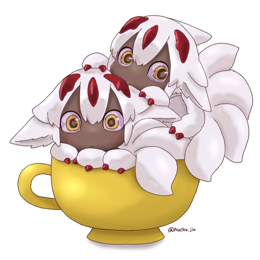 2girls, auchu_jin, black_skin, claws, clone, colored_skin, cup, extra_arms, faputa, highres, in_container, in_cup, looking_at_viewer, made_in_abyss, mini_person, minigirl, monster_girl, multiple_girls, multiple_tails, simple_background, tail, teacup, twitter_username, white_background, white_fur, white_hair, yellow_eyes