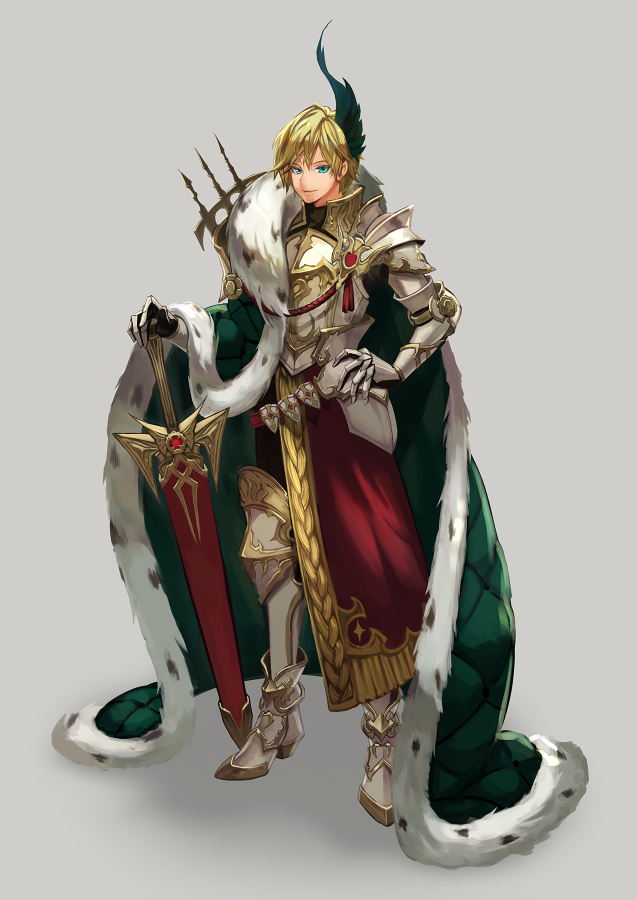 1boy, aiguillette, aqua_eyes, armor, armored_boots, black_gloves, black_pants, blonde_hair, boots, cape, closed_mouth, couter, double-parted_bangs, faulds, feather_hair_ornament, feathers, fringe_trim, full_body, fur-trimmed_cape, fur_trim, gauntlets, gloves, green_cape, grey_background, hair_between_eyes, hair_ornament, hand_on_hilt, hand_on_own_hip, looking_at_viewer, male_focus, original, pants, poleyn, sennohajime, sheath, sheathed, short_hair, shoulder_armor, side_cape, simple_background, smile, solo, standing, sword, waist_cape, weapon