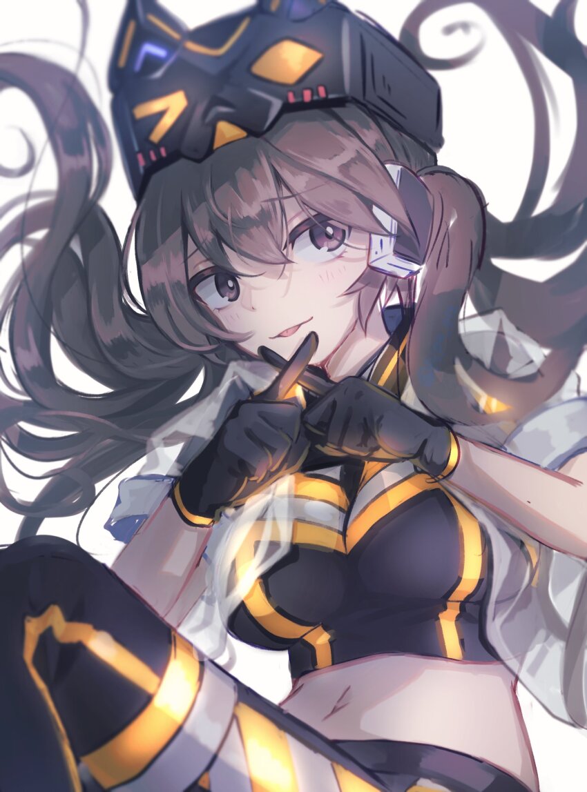 1girl, breasts, brown_eyes, brown_hair, crop_top, duel_monster, gloves, hat