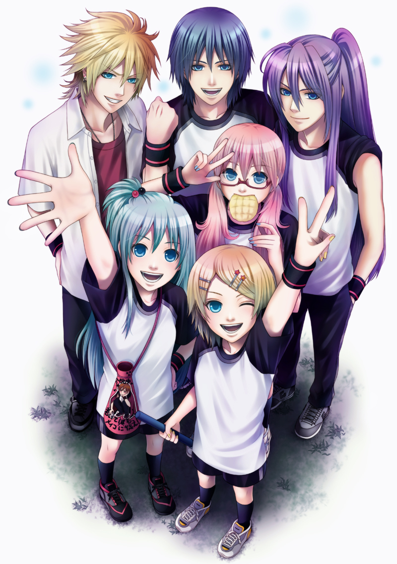 3boys, 4girls, bread, food, glasses, hair_ornament, hairpin, hatsune_miku, kagamine_len, kagamine_rin, kaito_(vocaloid), kamui_gakupo, koto_fuzuki, megurine_luka, meiko_(vocaloid), melon_bread, multiple_boys, multiple_girls, shoes, sneakers, socks, sportswear, v, vocaloid, wristband