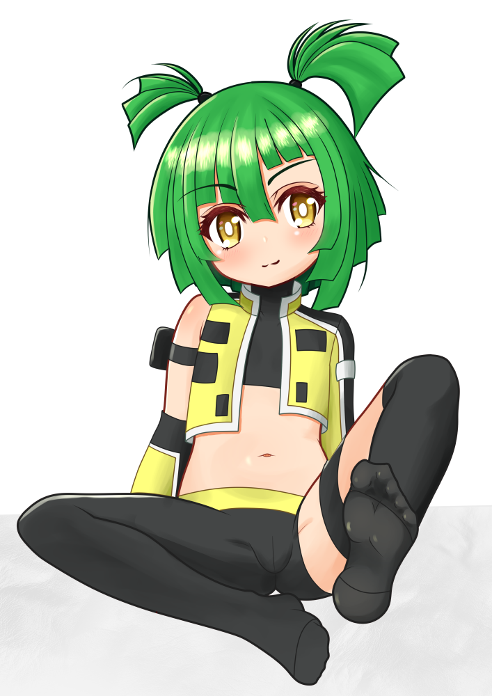 1girl, black_thighhighs, feet, green_hair, honoo_no_toukyuujo:_dodge_danko, light_blush, light_smile, looking_at_viewer