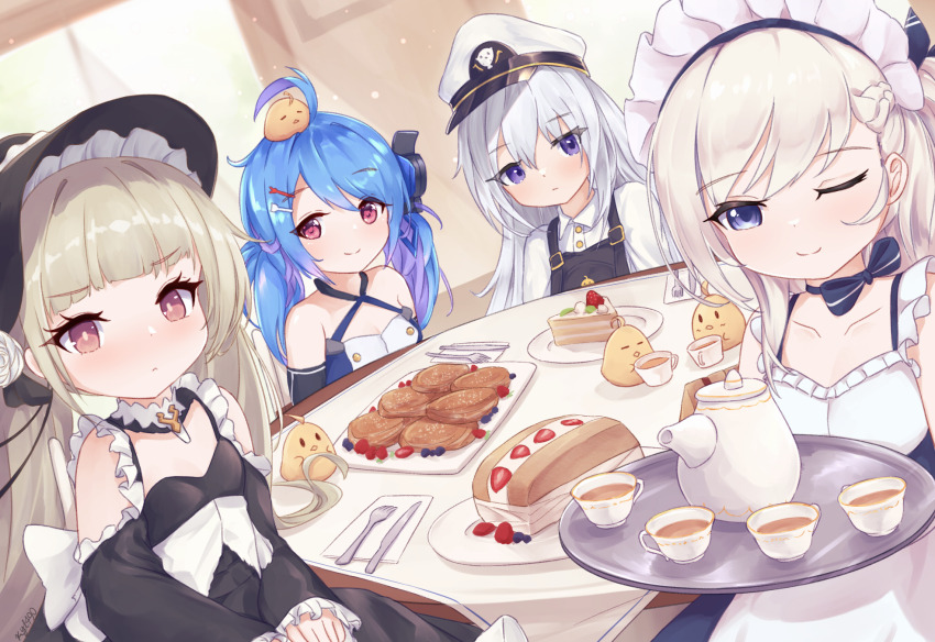 4girls, azur_lane, bonnet, cake, cup, dress, dutch_angle, folded_napkin, food, fork, fruit, hat, highres, holding, holding_tray, knife, kyl490, lena_(azur_lane), little_bel_(azur_lane), little_enterprise_(azur_lane), little_formidable_(azur_lane), looking_at_viewer, maid, maid_headdress, manjuu_(azur_lane), multiple_girls, one_eye_closed, pastry, sitting, strawberry, table, tea_party, teacup, teapot, tray