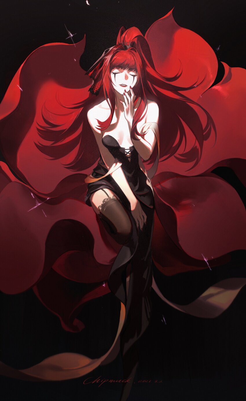 1girl, absurdres, artist_name, bare_arms, black_background, black_dress, black_thighhighs, blunt_bangs