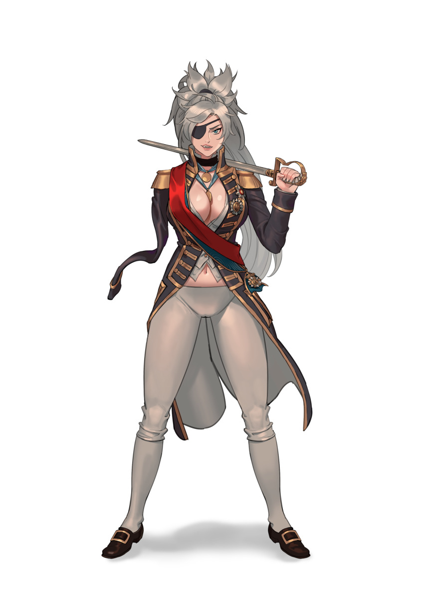 1girl, baiken, black_coat, blue_eyes, breasts, brown_shoes, cleavage, coat, cosplay, eyepatch, full_body, genderswap, genderswap_(mtf), grey_hair, guilty_gear, highres, holding, holding_sword, holding_weapon, horatio_nelson, horatio_nelson_(cosplay), large_breasts, military, military_uniform, navel, over_shoulder, pants, parted_lips, saber_(weapon), shiny_skin, shoes, simple_background, smokedpaprika, solo, standing, sword, sword_over_shoulder, weapon, weapon_over_shoulder, white_background, white_pants