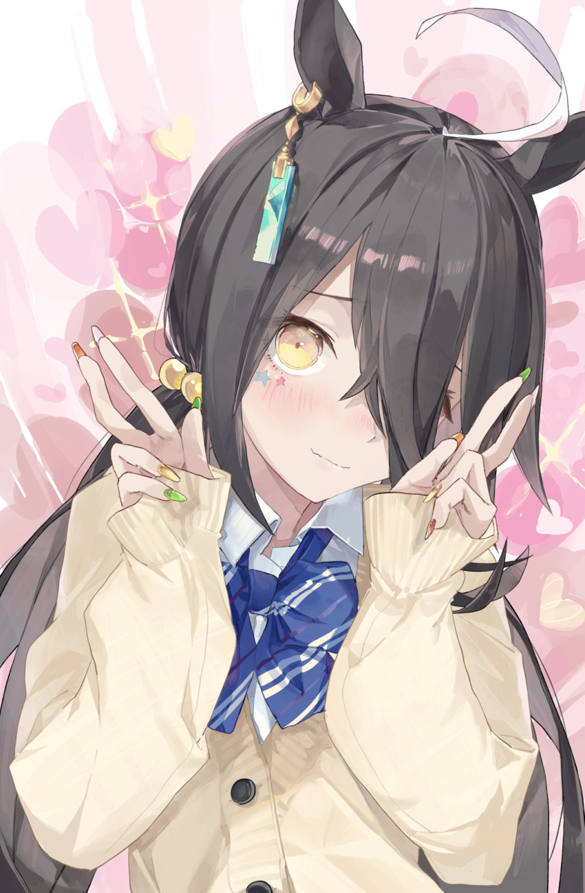 1girl, ahoge, alternate_uniform, amano_kokoko, animal_ears, black_hair, blue_bow, blush