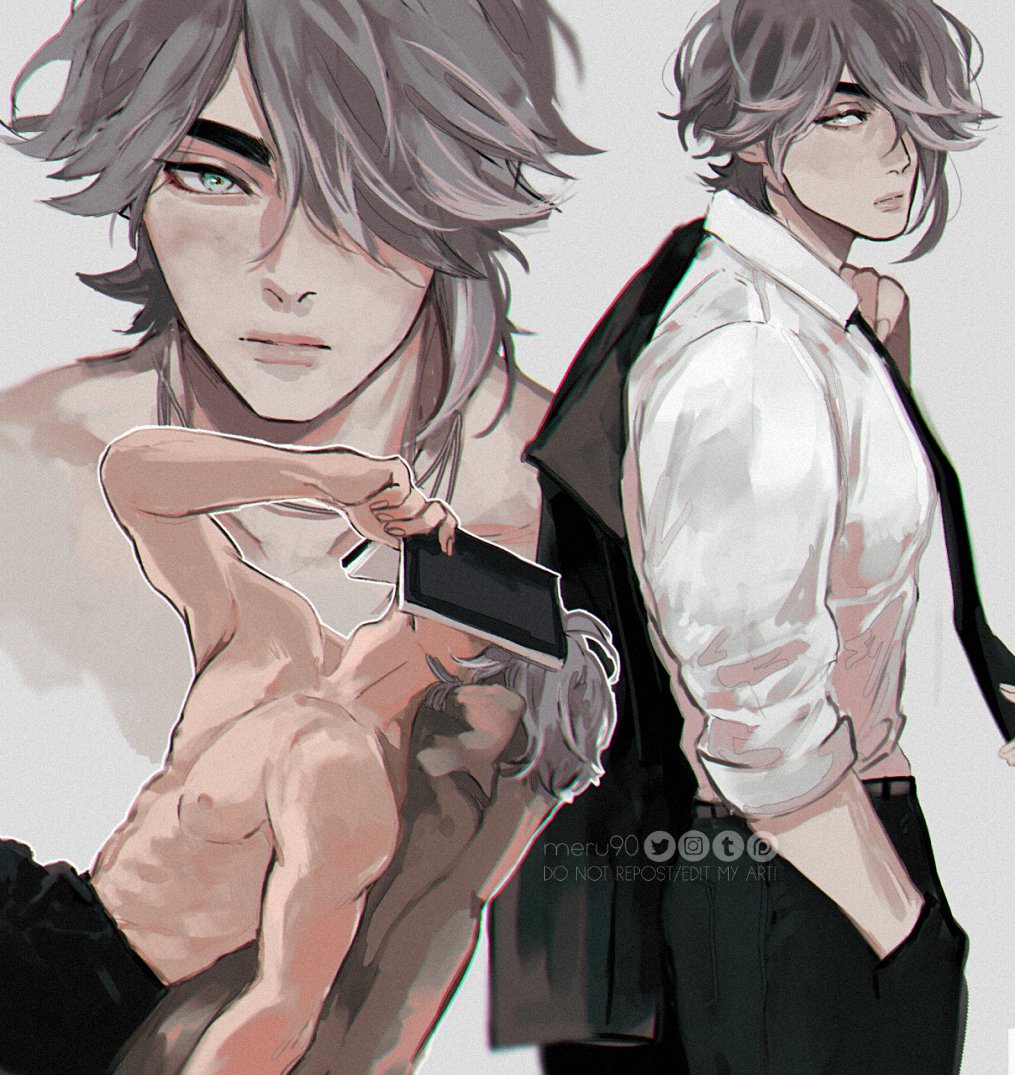 1boy, abs, alhaitham_(genshin_impact), aqua_eyes, black_necktie, black_pants, book, closed_mouth