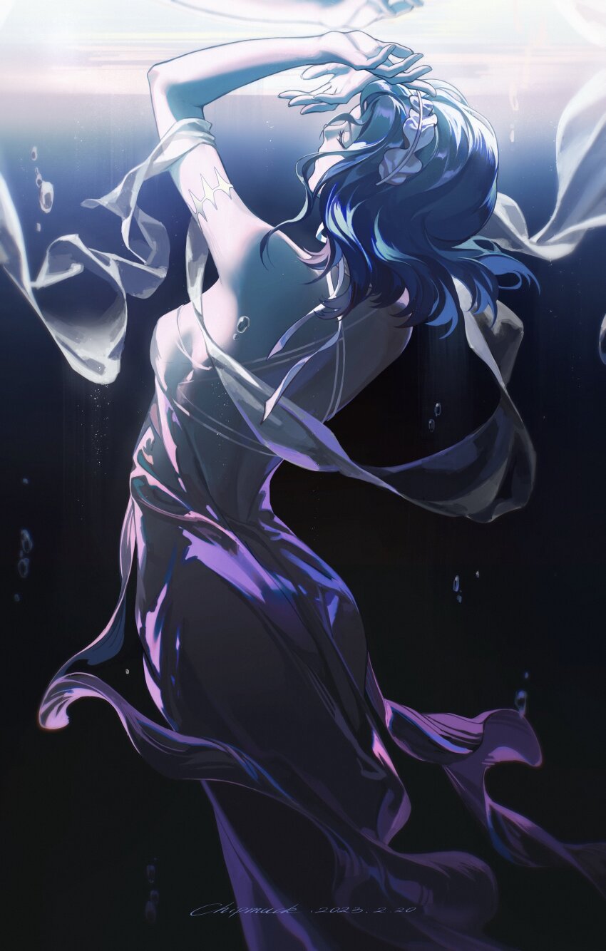 1girl, absurdres, air_bubble, armlet, arms_up, artist_name, ass, backless_dress